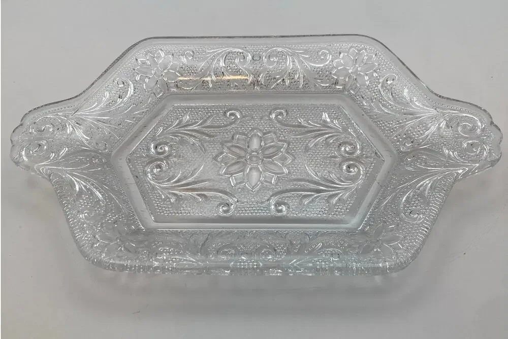 Vintage Indiana Clear Glass Sandwich Floral Pattern Relish Tray with Handles